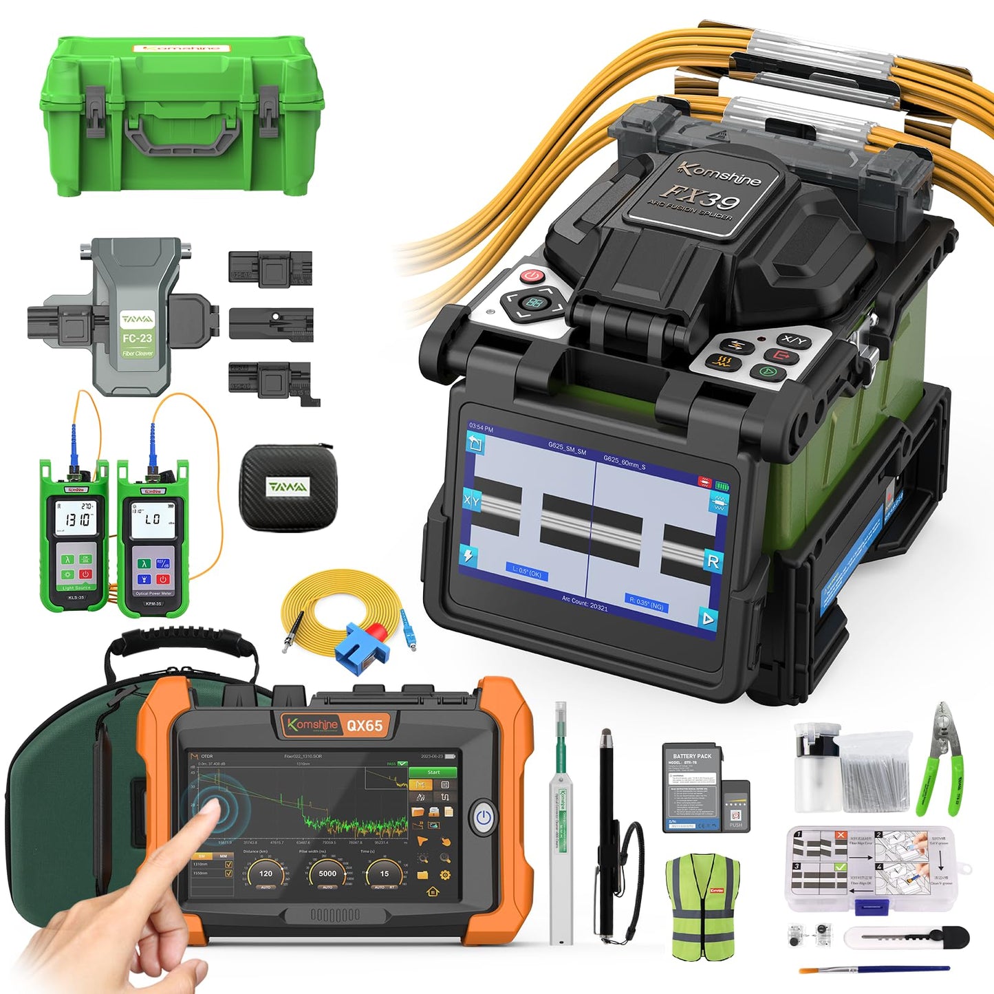 KomShine FX39 Six Motor Fiber Fusion Splicer Core Alignment Splicing Machine, Touch Screen 7" Inch OTDR Tester SM 1310/1550nm 32/30dB Built in OPM, OLS, RJ45, WiFi