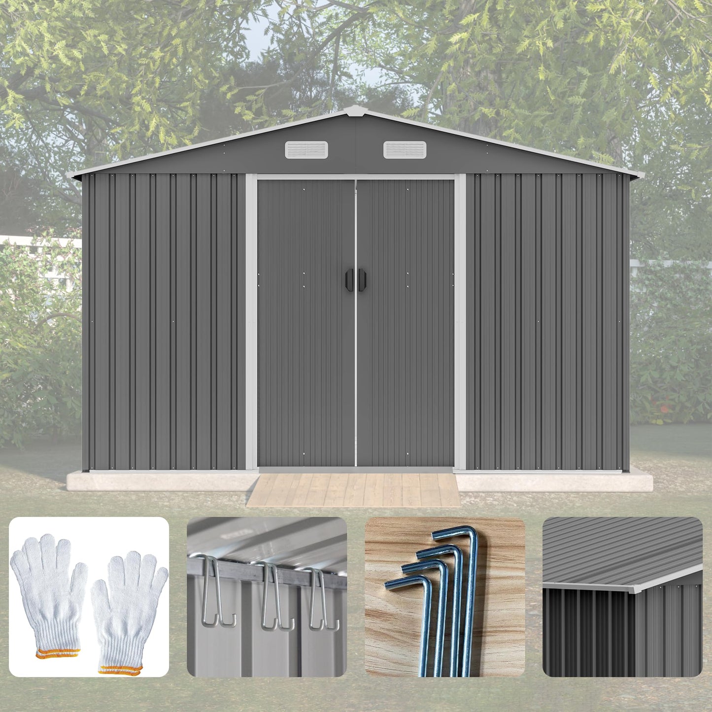10'x8' Galvanized Steel Outdoor Storage Shed with Top Air Vents, Lockable Sliding Double Door Large Garden Tool Organizer, Gray