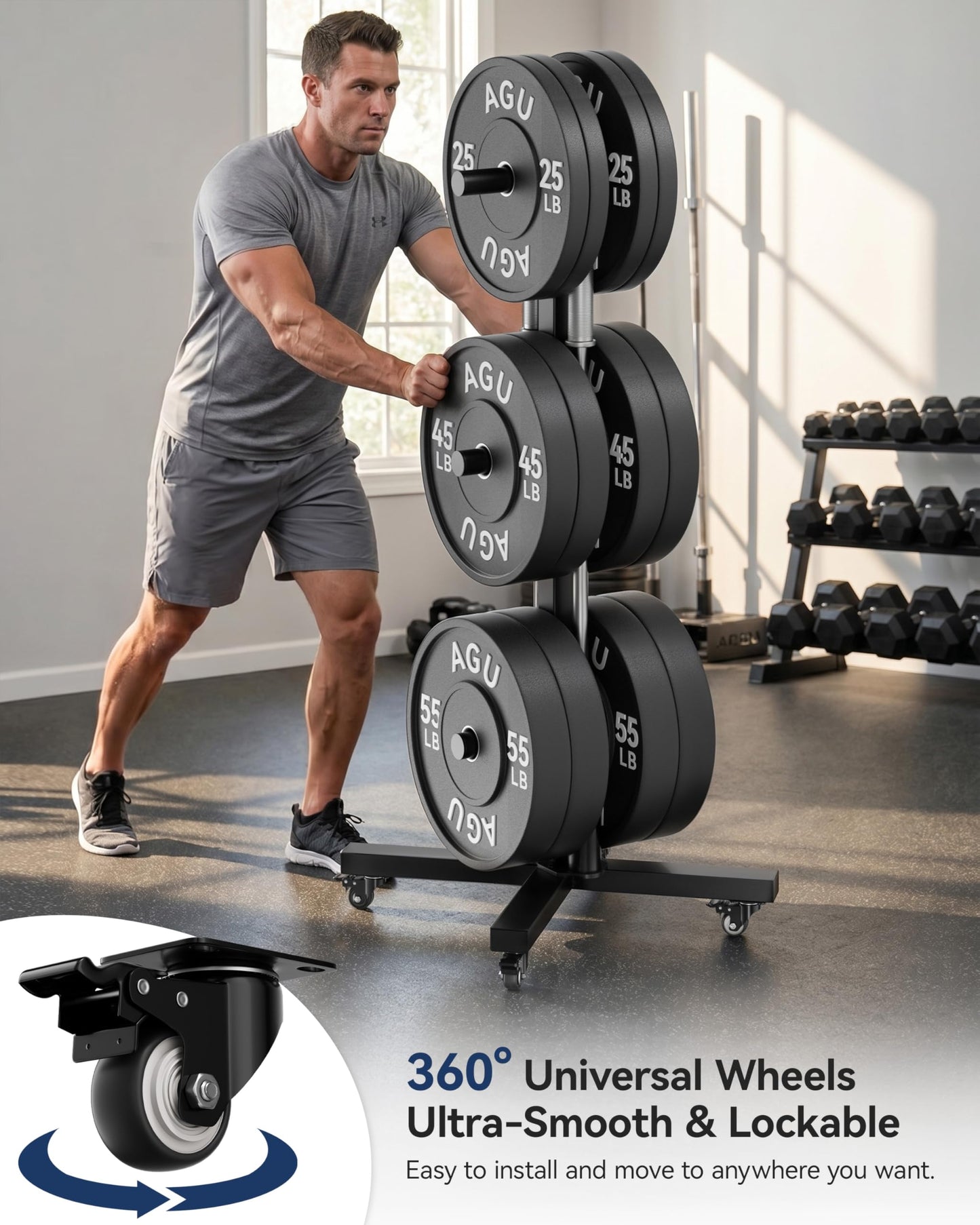 Movable Olympic Weight Plate Tree with 6 Metal Pegs, Fits 1" & 2" Weight Plates, Heavy Duty Storage Rack with Barbell Holders for Home & Garage Gym