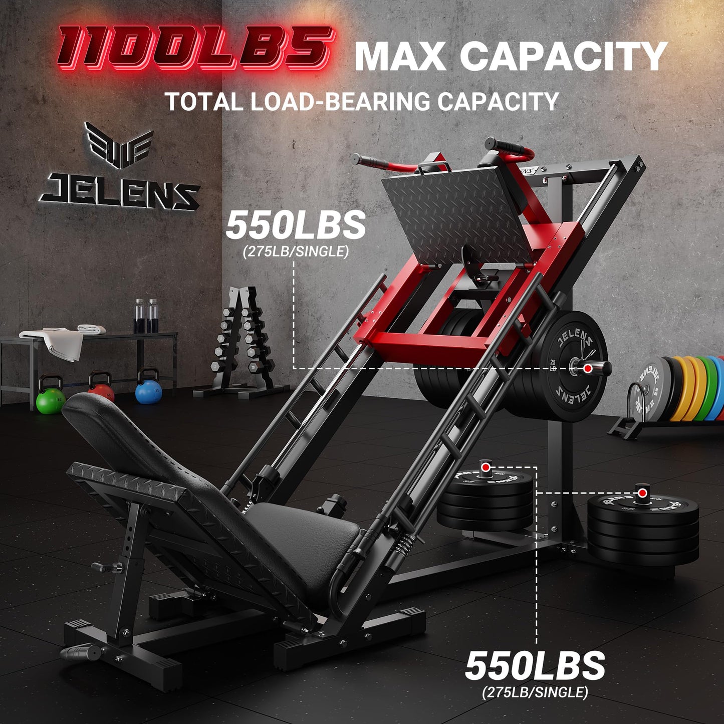 JELENS Leg Press Hack Squat Machine, Leg Machine for Home Gym with Linear Bearing, L11 Professional Adjustable Leg Exercise Machine, Lower Body Workout (Red, Classical)