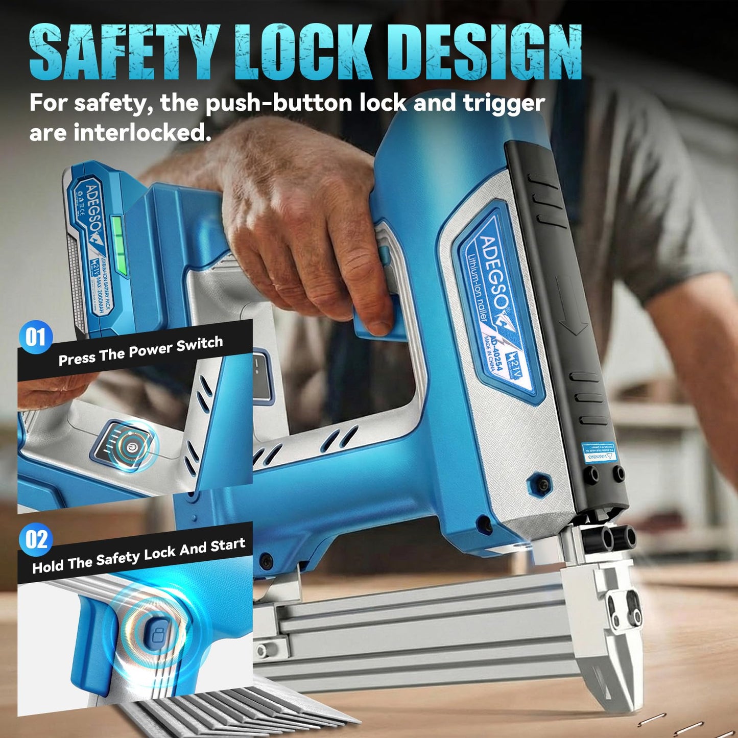 ADEGSO Cordless Brad Nailer Stapler, 18 Gauge 2-in-1 Battery Powered Nail Gun Kit with 2x 2.0Ah Batteries, Fast Charger & 1000 Nails & Staples Included, Ideal for Woodworking, Trim & DIY Projects