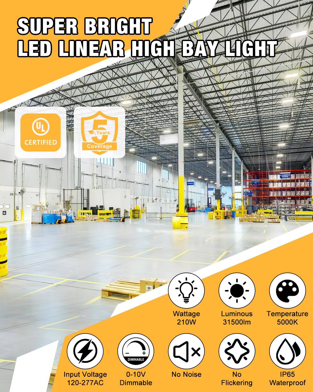 JC-LGL LED Linear High Bay Light, 210W High Bay Shop Lights Fixture, Compatible with Industrial 120-277V, 31500LM Linear High Bay Light for Shop Garage Warehouse, UL Complied, 4 Pack, White