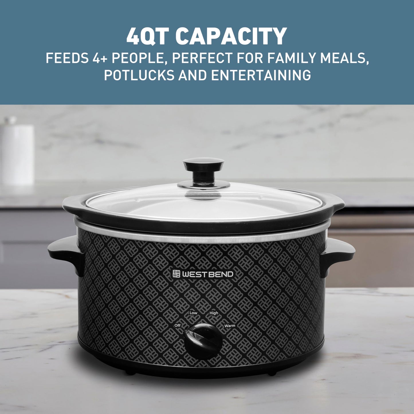 West Bend Slow Cooker 4-Quart Manual Crockery Style with Dishwasher Safe Oval Ceramic Crockpot and Glass Lid Two Temperature Settings Plus Keep Warm, 210-Watts, Black