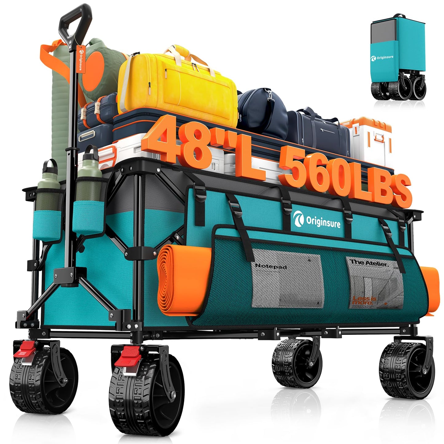 Originsure 48" L Collapsible Beach Wagon Cart Foldable, 560LB Weight Capacity 300L Heavy Duty Folding Wagons with Big All-Terrain Wheels, Utility Carts for Groceries, Camping, Sports - Grey&Turquoise