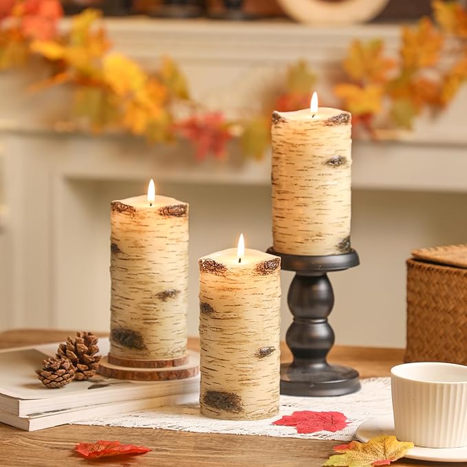 Birch Bark Pillar Candles, Fall Pillar Candles 3x6 Inch Set of 3, Thanksgiving Unscented Long-Lasting Smokeless Candles