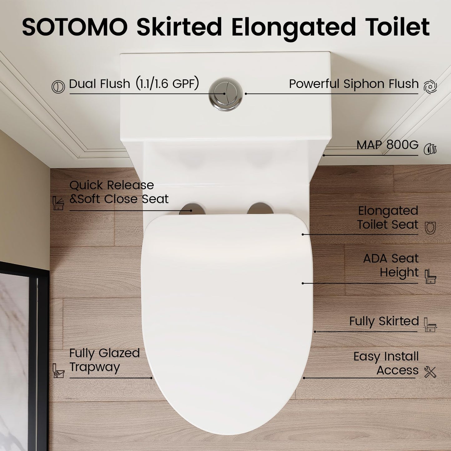 SOTOMO Compact ADA Toilet, 12" Rough-in Elongated One-Piece Toilet with Quick Release & Soft Close Toilet Seat, 1.1/1.6 GPF Dual Flush Water-Saving White, aMJ-T138