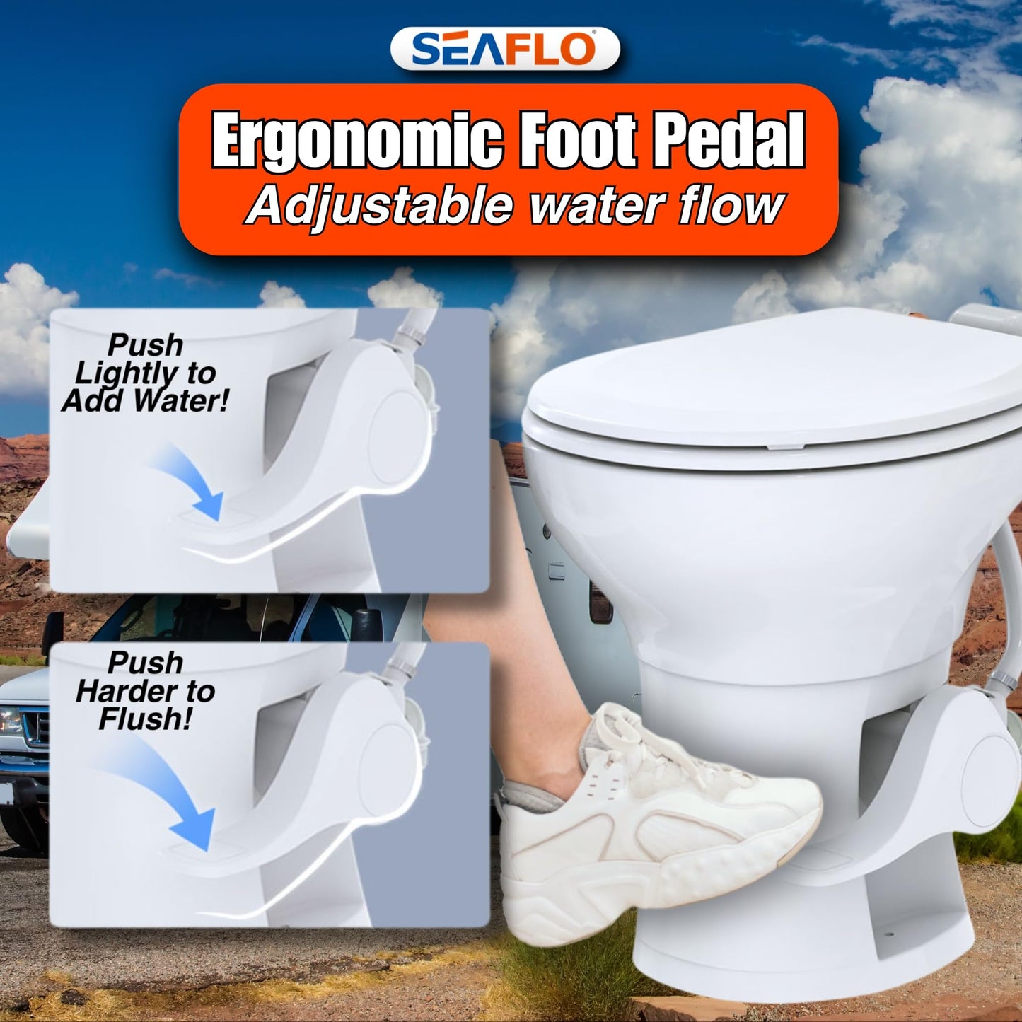 SEAFLO Porcelain RV Toilet with Elongated Bowl, 19” Residential Height, Gravity Flush, Foot Pedal Flush, Soft Close Seat, Easy Install, Camper Toilet, 4-Year Warranty, SFRTCH-02-01