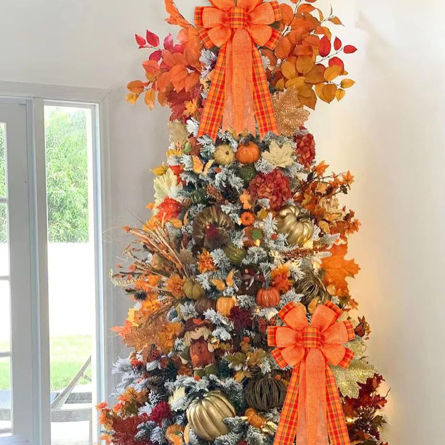 Skiennix Fall Bows - 2 Pack Halloween & Thanksgiving Wreath Decorations | Orange Buffalo Plaid