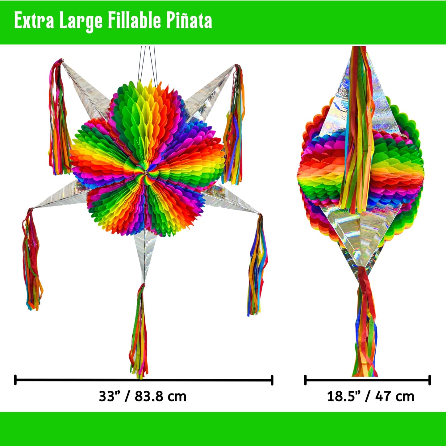 Mexican Pinata – Jumbo 33” Rainbow Piñata with 25-ft Rope Included – Easter Piñata, Pride Pinata, Holds 5 lbs of Candy – TexMex Fun Stuff