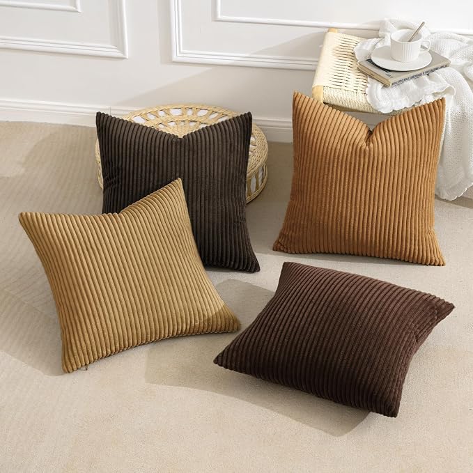 MIULEE Boho Farmhouse Throw Pillow Covers 18x18 Inch Set of 4 Rustic Mordern Neutral Cushion Covers Soft Corduroy Nordic Home Decor for Couch Bed Sofa Living Room Camel Brown