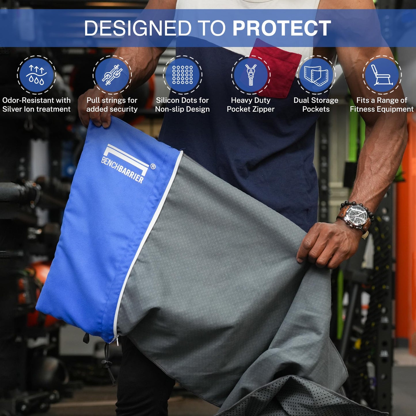 BENCHBARRIER® - The Next Step in Gym Hygiene | Protective Gym & Fitness Equipment Cover | Clean, No-Slip Microfiber Barrier for Sweaty, Germy Surfaces | Helps Stay Fresh Between Washes | Portable with Built-In Storage Pockets