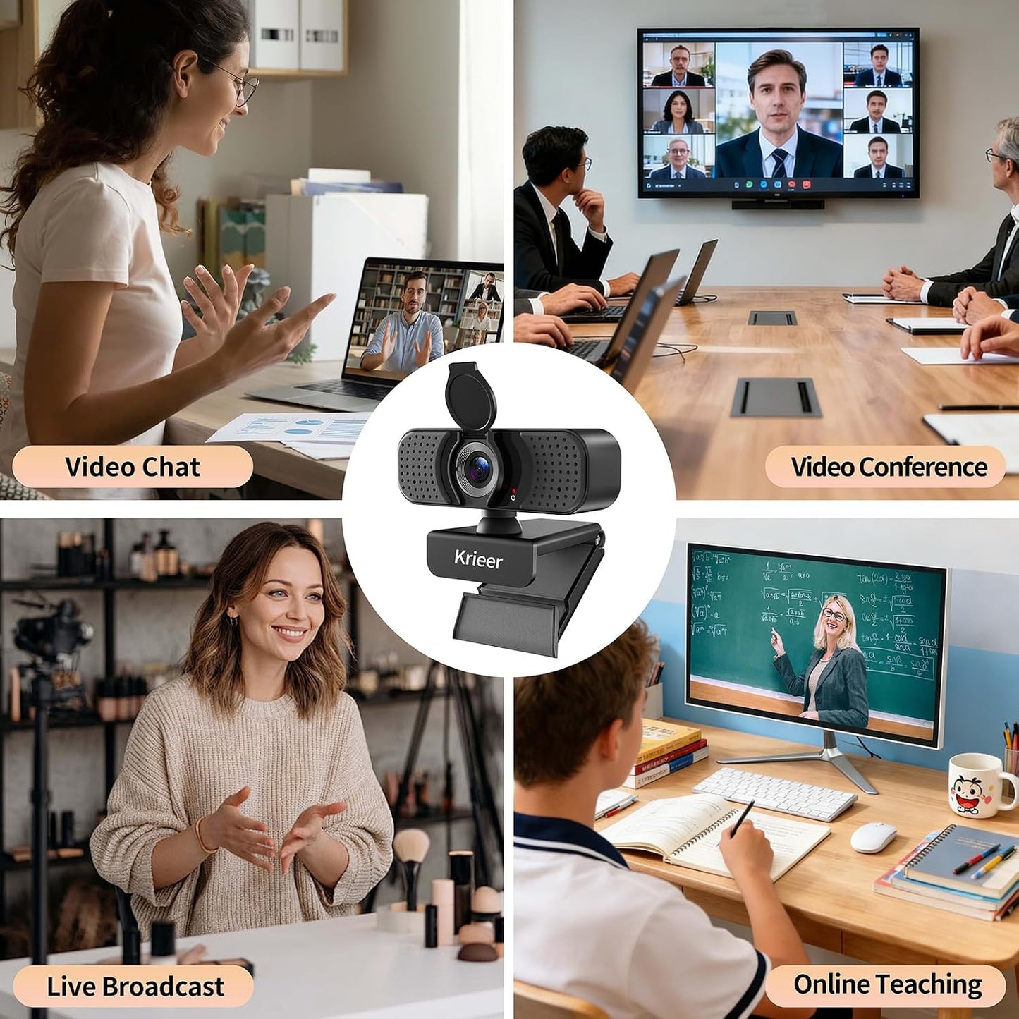 Krieer 1080P HD Webcam with Dual Mics Autofocus, Noise Cancellation, Wide-Angle, Auto Light Correction, Privacy Cover
