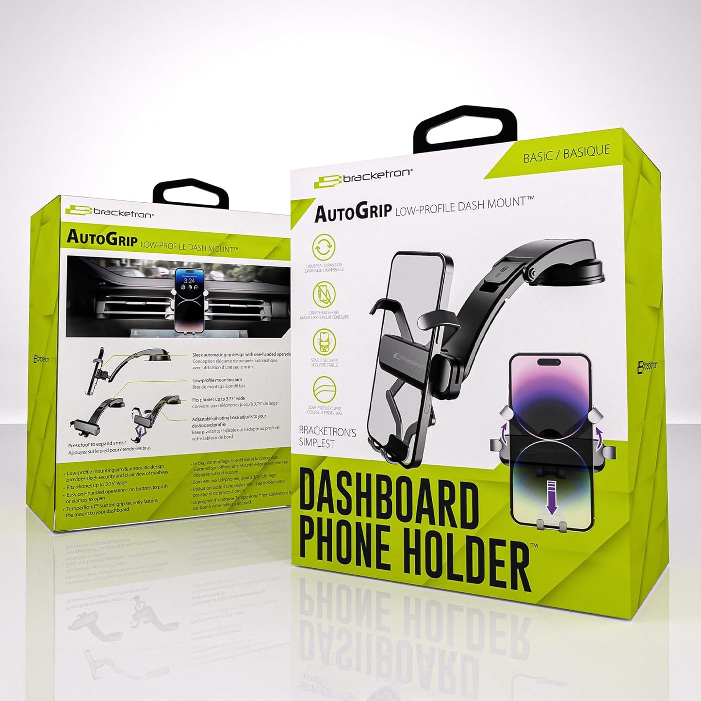 Bracketron AutoGrip Low-Profile Dash Mount- Phone Mount for Car with TemperBond Suction, One-Handed Operation Universal