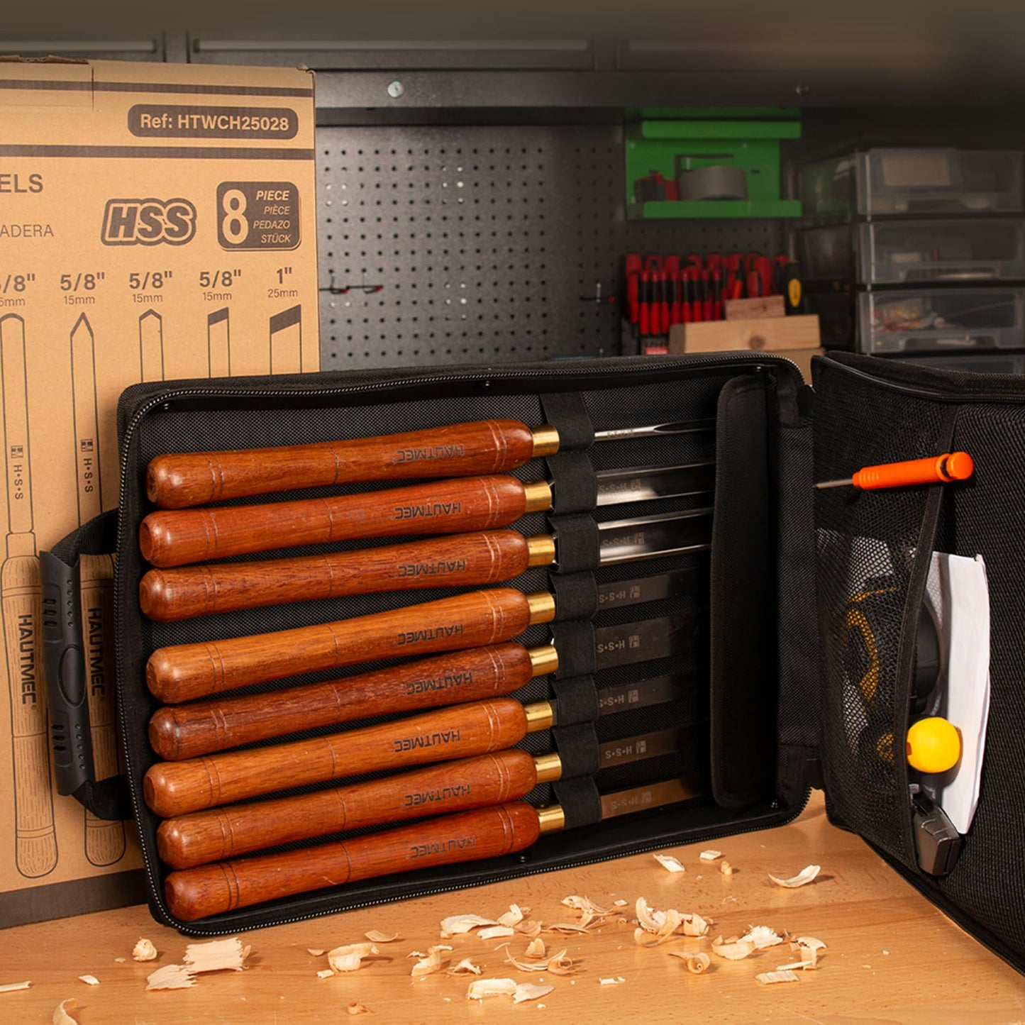 HAUTMEC Expert Wood Lathe Chisel Set 8 PCS, M2 HSS Wood Turning Tools with Teak Handles & Portable Storage Bag, Roughing Gouge, Skew, Parting, Scraper, for Beginners & Professionals - HTWCH25028