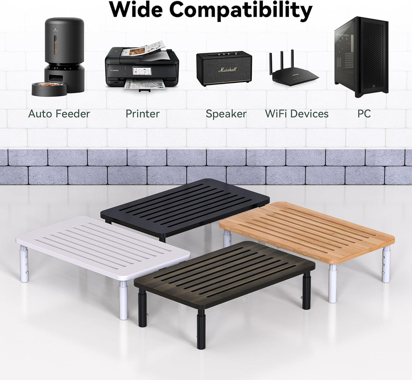 4 Bamboo Monitor Stand Riser, Adjustable Height, Laptop Stand with Airflow Vents, Desk Organizer for Computer, PC