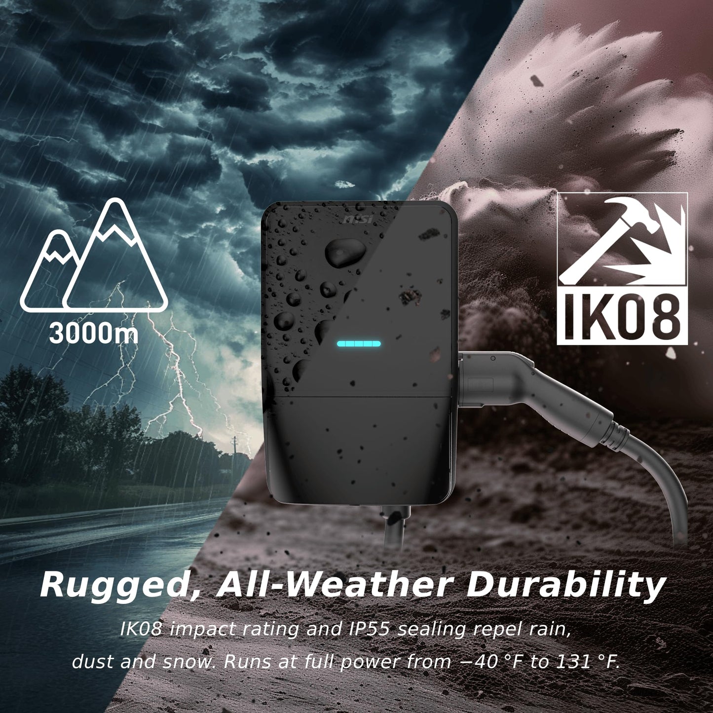 MSI EV Life NACS Hardwired, Level 2 Charger, 240V, 60A, 14.4 kW, IP55 Rated-Water and dust Resistant, IK08 Impact Resistant, UL2594 Certified, Energy Star, 5 Years Warranty