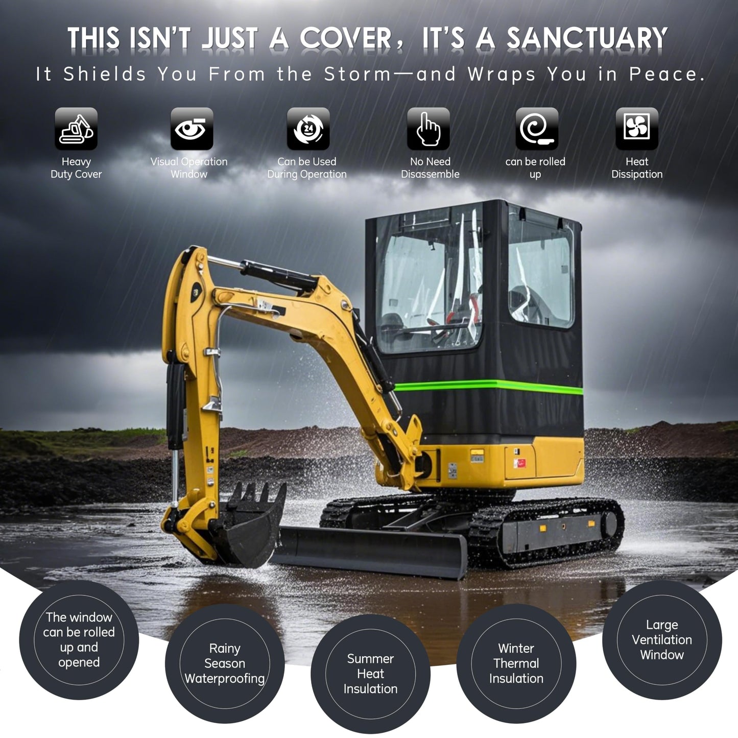 Mini Excavator Cover,Transparent Excavator Cab Enclosure,1680D Waterproof Oxford Fabric + EVA HD Transparent See-Through Material, 45x43x61in, for Bobcat E20/Kubota U17 etc, 1760-3530 lbs.(Black)