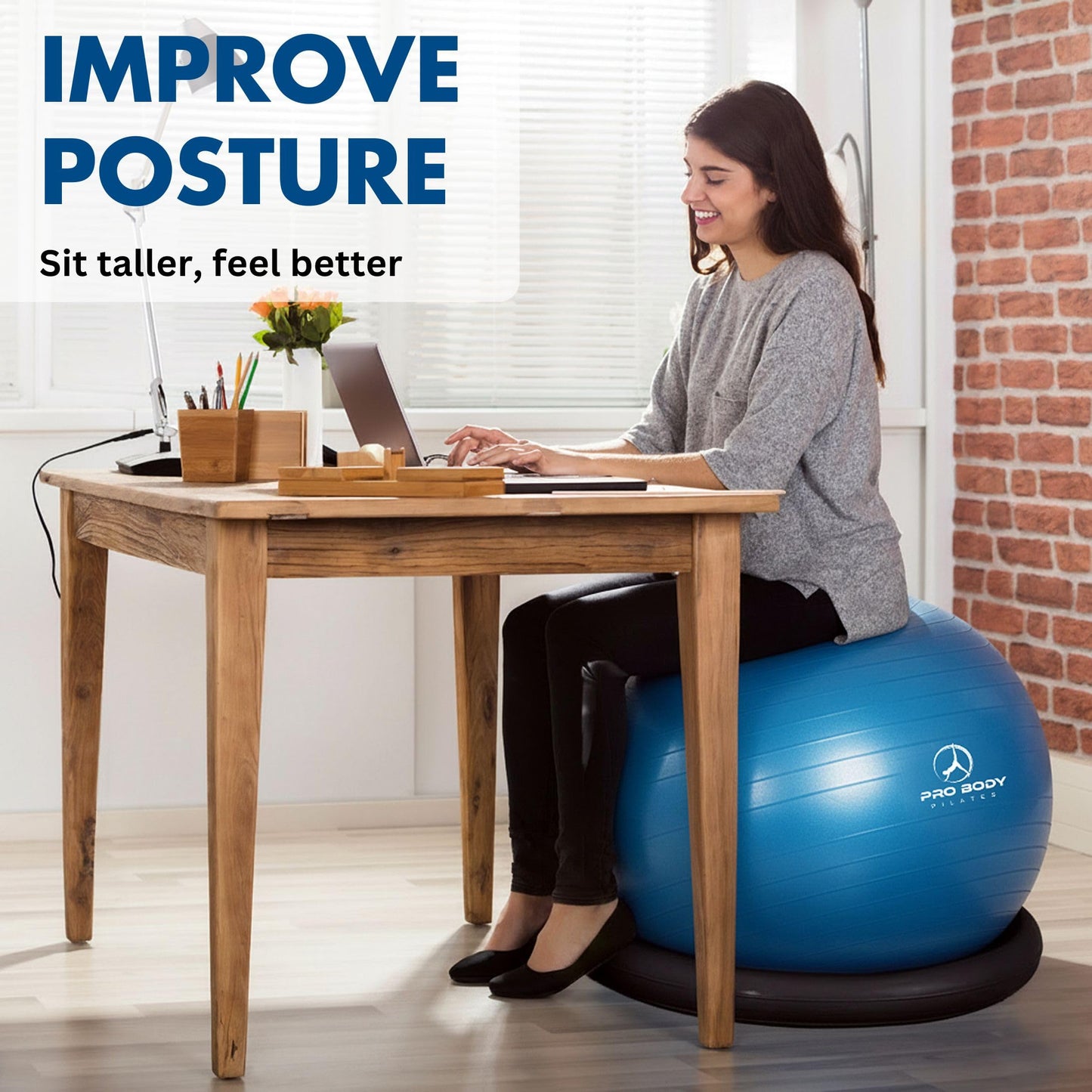ProBody Pilates Yoga Ball Chair, Exercise Ball Chair with Base or Stand for Home Office Desk Sitting or Workout, 65cm Antiburst Balance Ball & Stability Ball Seat for Back, abs (Blue)
