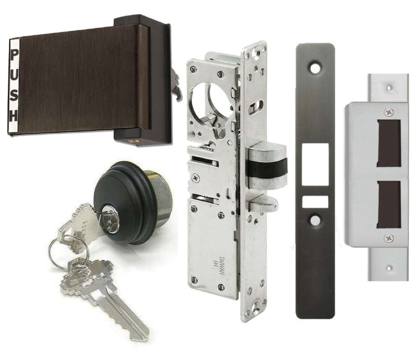 Adams Rite Style Deadlatch Storefront Door Set - Push Paddle Exit, Deadlatch Bolt, with Mortise Lock Cylinder & Two Keys, Durable, Polished Finish, Duronotice Bronze, Left Hand, 1-1/8" Backset