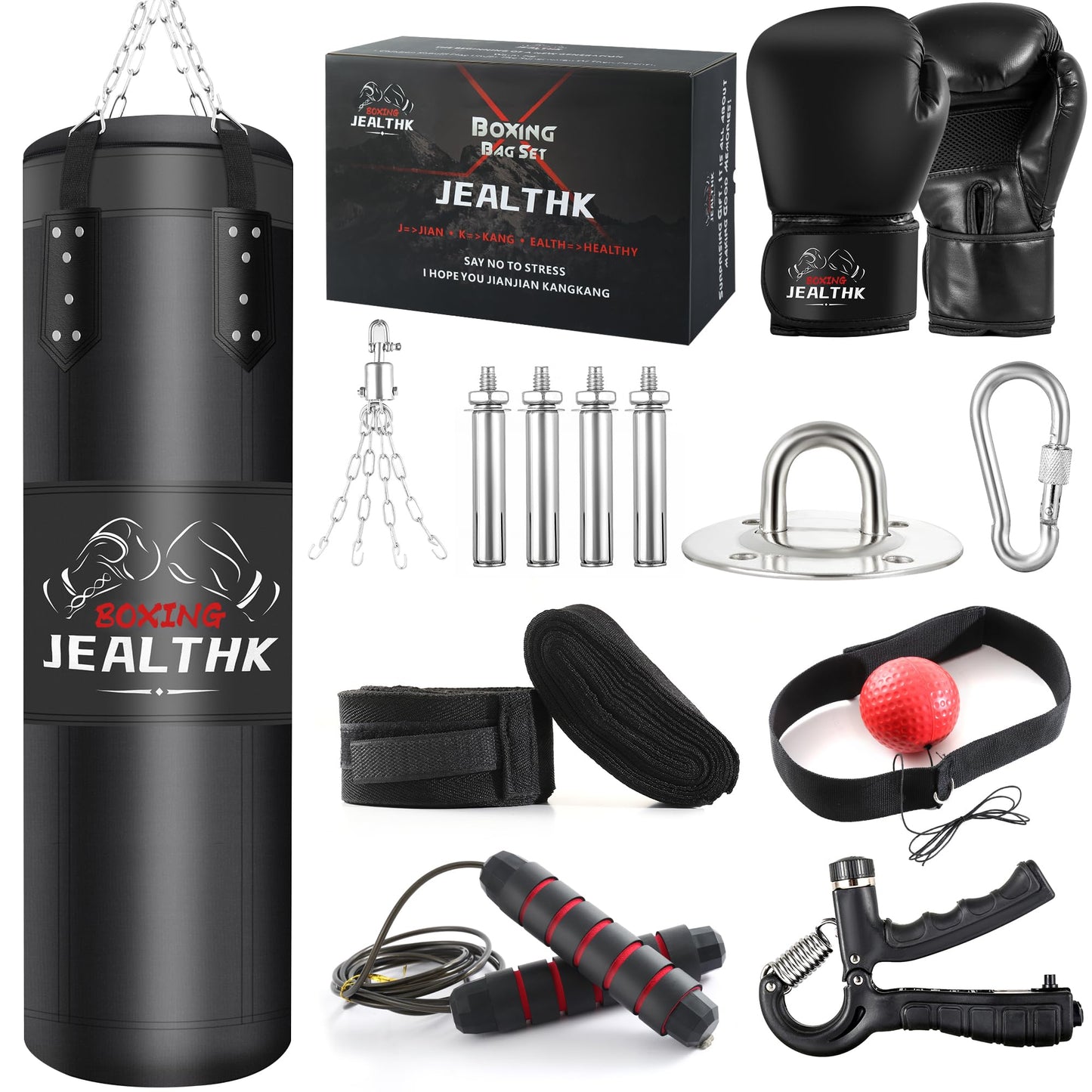 Jealthk 4ft Heavy Punching Bag Set for Adults Complete Boxing Training Equipment with 12oz Gloves, Suitable for MMA, Taekwondo, Muay Thai, Home Gym Unfilled