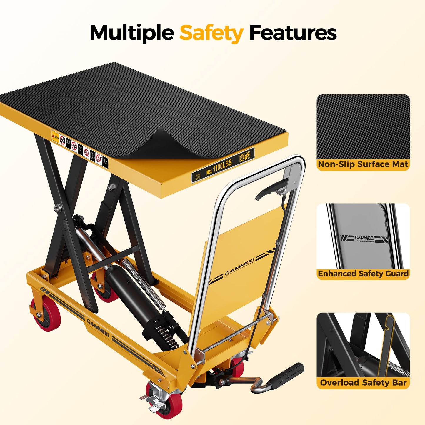 Hydraulic Lift Table Cart, 1100lbs Capacity, 34.7" Lifting Height, Single Scissor Lift with Non-Slip Pad & Safety Guard Foldable Handle for Material Handling and Transportation, Yellow