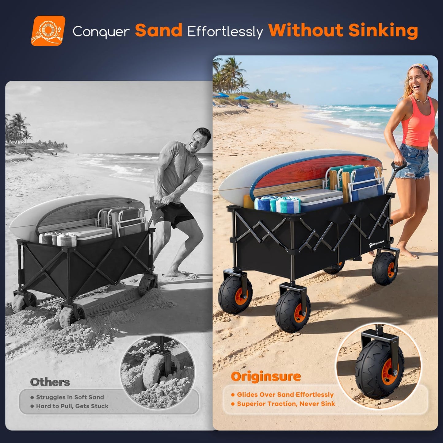 48"L Collapsible Beach Wagon with Big 10" Balloon Wheels for Sand, 560lbs Weight Capacity 300L Wagons Carts Foldable Heavy Duty with All Terrain Tires, Folding Cart for Camping, Grocery, Sport - Black
