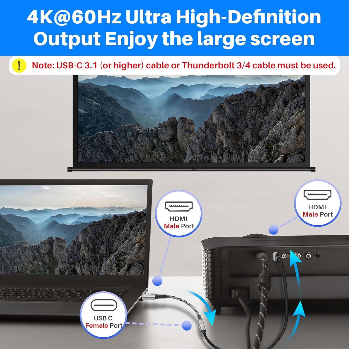 Lamroyce 3.1 1 4Feet, 4K@60Hz,PD 100W HDMI to USB-C Cable Adapter with USB Video Cable, Uni-Directional HDMI Male
