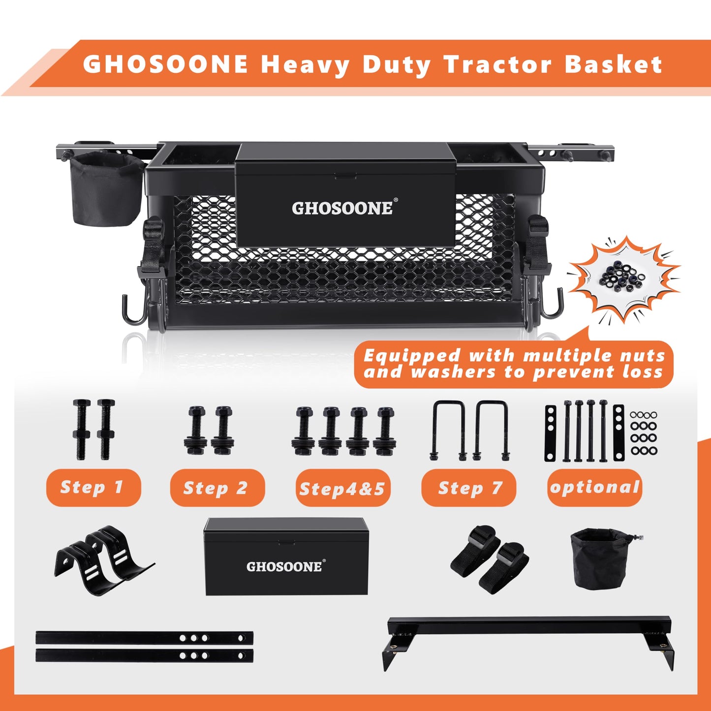 Heavy Duty Tractor Tool Box 24"x 10"x 10" Multi-Function Tractor Accessories, Suitable for Most Tractors and Zero Turn Mower