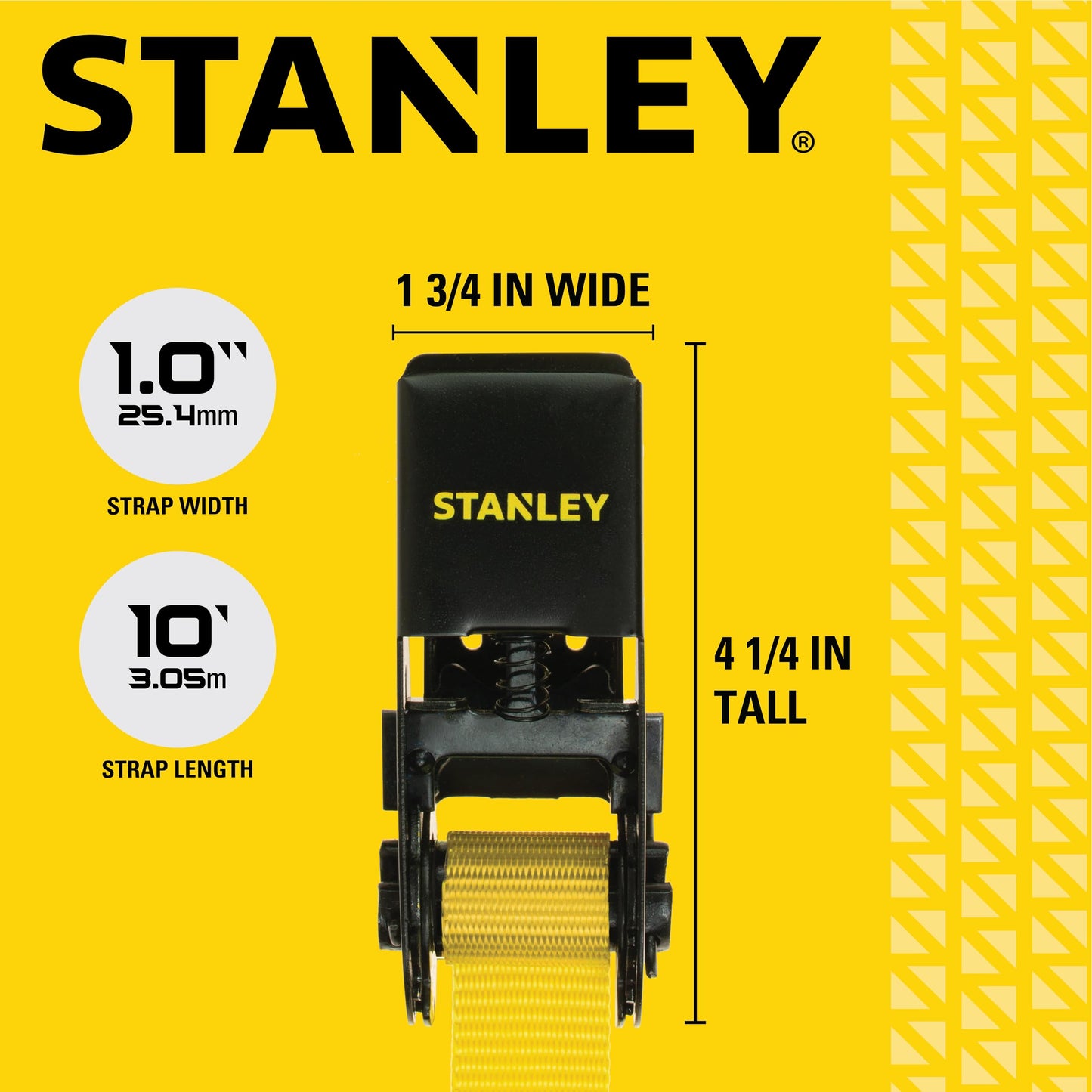 STANLEY S9500 Black/Yellow 1" x 10' Ratchet Straps - Light Cargo (300 lb Working Load / 900 lb Break Strength), 4 Pack