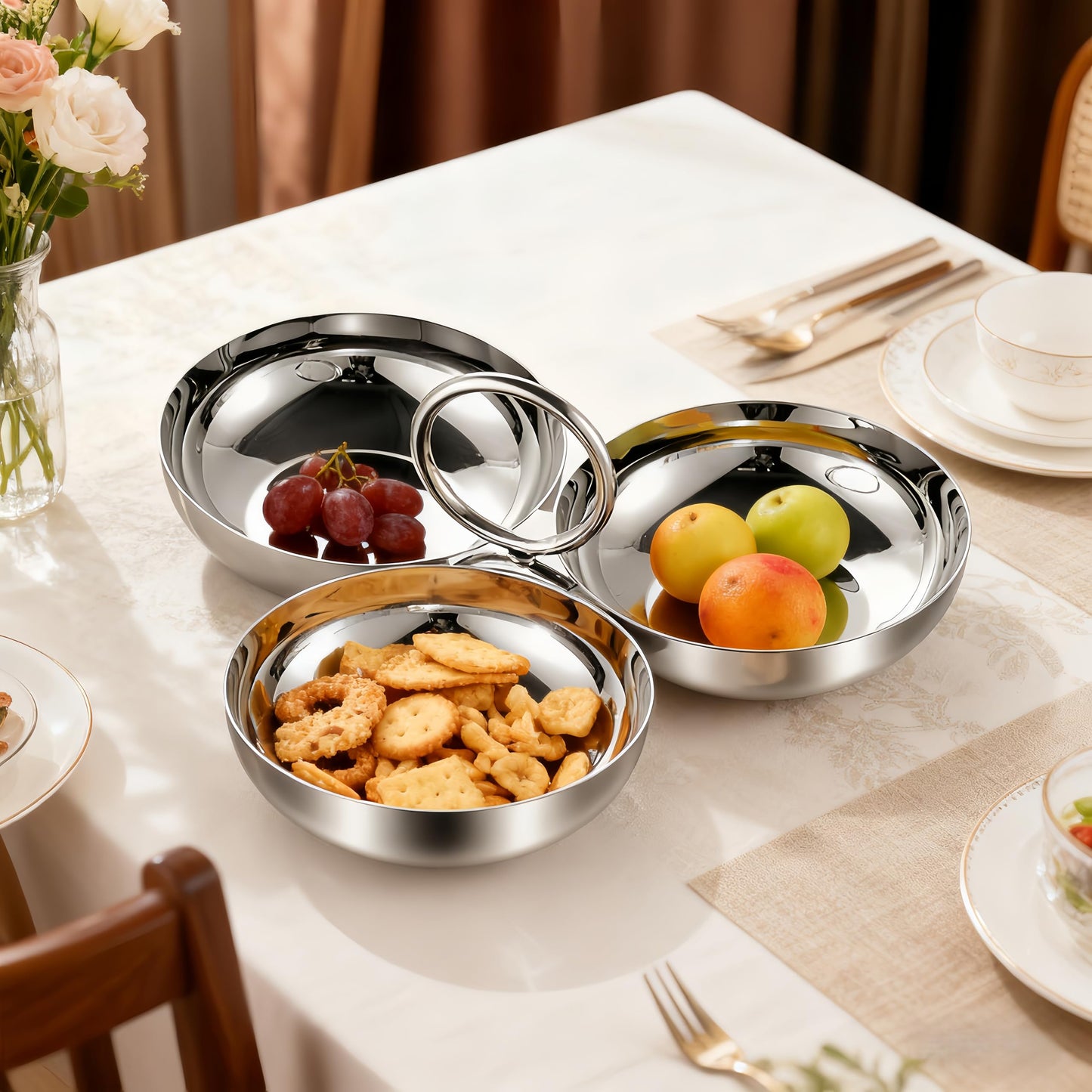 chhcjqyyf Cluster Serving Bowls 3 in 1 Silver Stainless Steel Snack Bowls Connected Fruit Tray Snack Plate for Home Kitchen Party Reusable Portable Ring Style Dessert Bowl Set