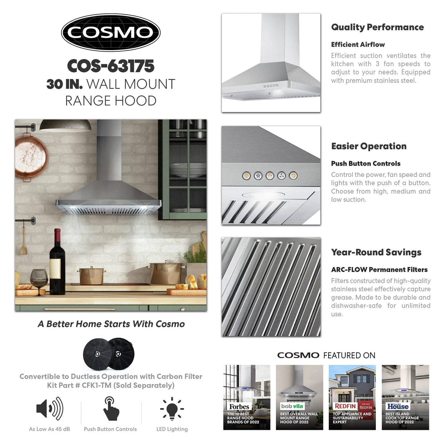 COSMO COS-63175 30 in. Vista Collection 380 CFM Ducted Wall Mount Range Hood, Button Controls, LED Lights, Stainless Steel