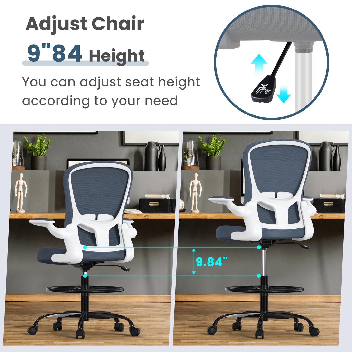 Drafting Chair, Tall Office Chair with Flip-up Armrests Executive Ergonomic Computer Standing Desk Chair, Office Drafting Chair with Lumbar Support and Adjustable Footrest Ring