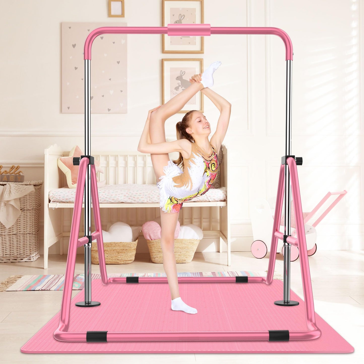 HYD-Parts Gymnastics Bar with Mat for Kids 3-12, Adjustable Height Gymnastic Horizontal Bars, Junior Training Bar, Gymnastics Equipment for Kids with Mat