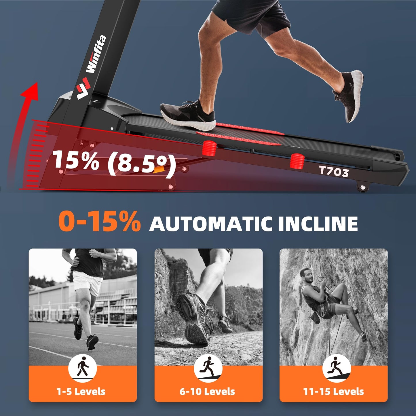 Winfita 4.0 HP Folding Treadmill with 15% Auto Incline (8.5°), 10 MPH Speed, 300 lb Capacity, 50" x 18" Belt, App Connectivity, Pause Function, 64 Preset Programs, BMI Detector for Home Use