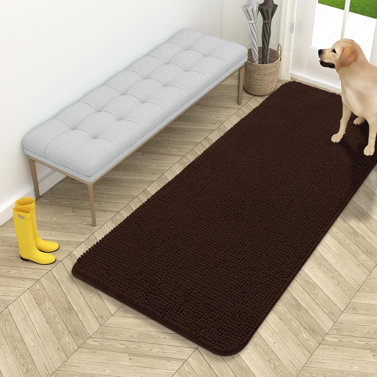 OLANLY Dog Door Mat - Absorbent Non-Slip Mud Mat for Dogs | Quick Dry Chenille, 54x24, Brown