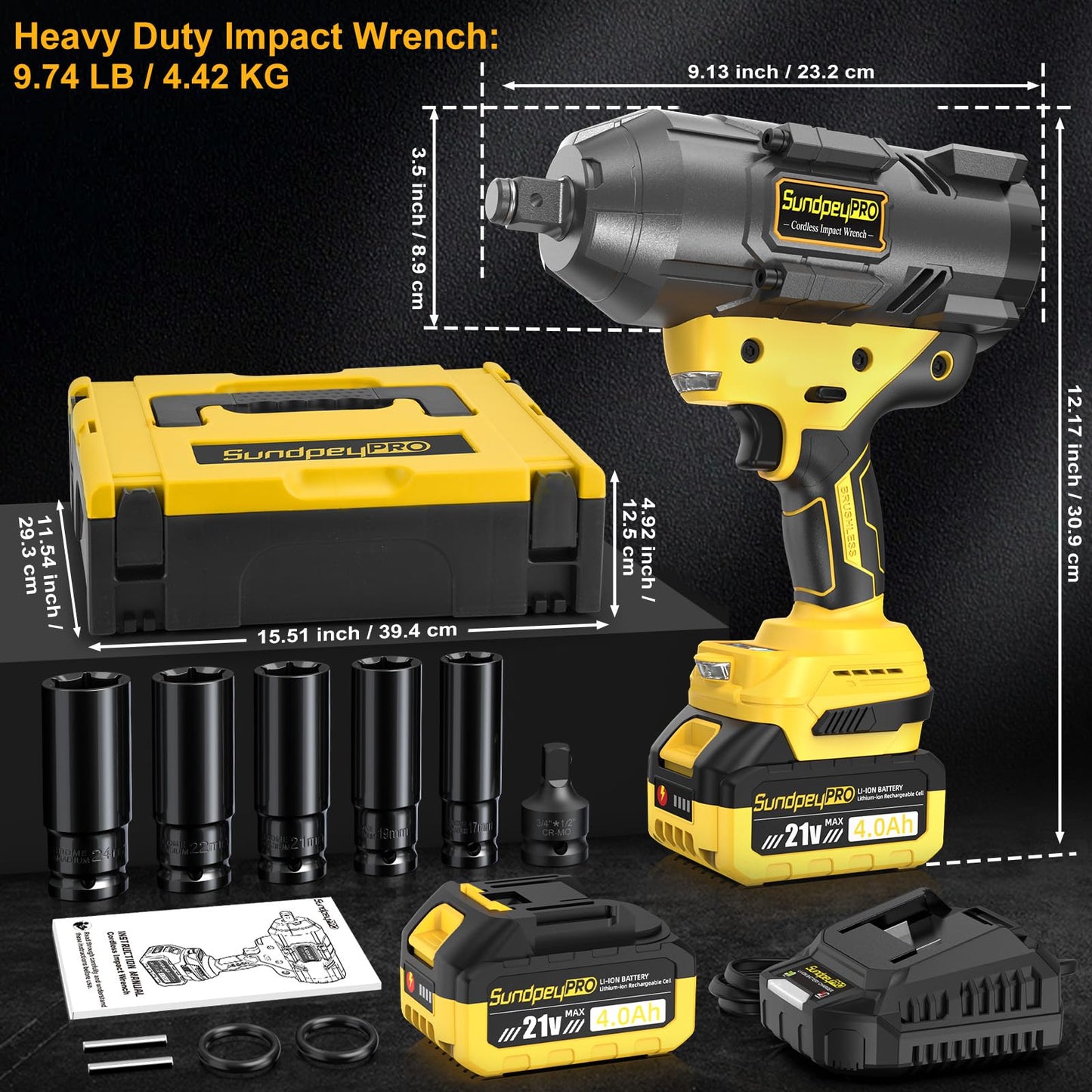 SundpeyPRO 21V Cordless Impact Wrench - 1600Ft-lbs(2100N·m) Heavy Duty High Torque Brushless 3/4 Impact Gun with 2 x 4.0Ah Batteries & Fast Charger 3/4" to 1/2" Adapter & 5 Sockets for Car Industrial