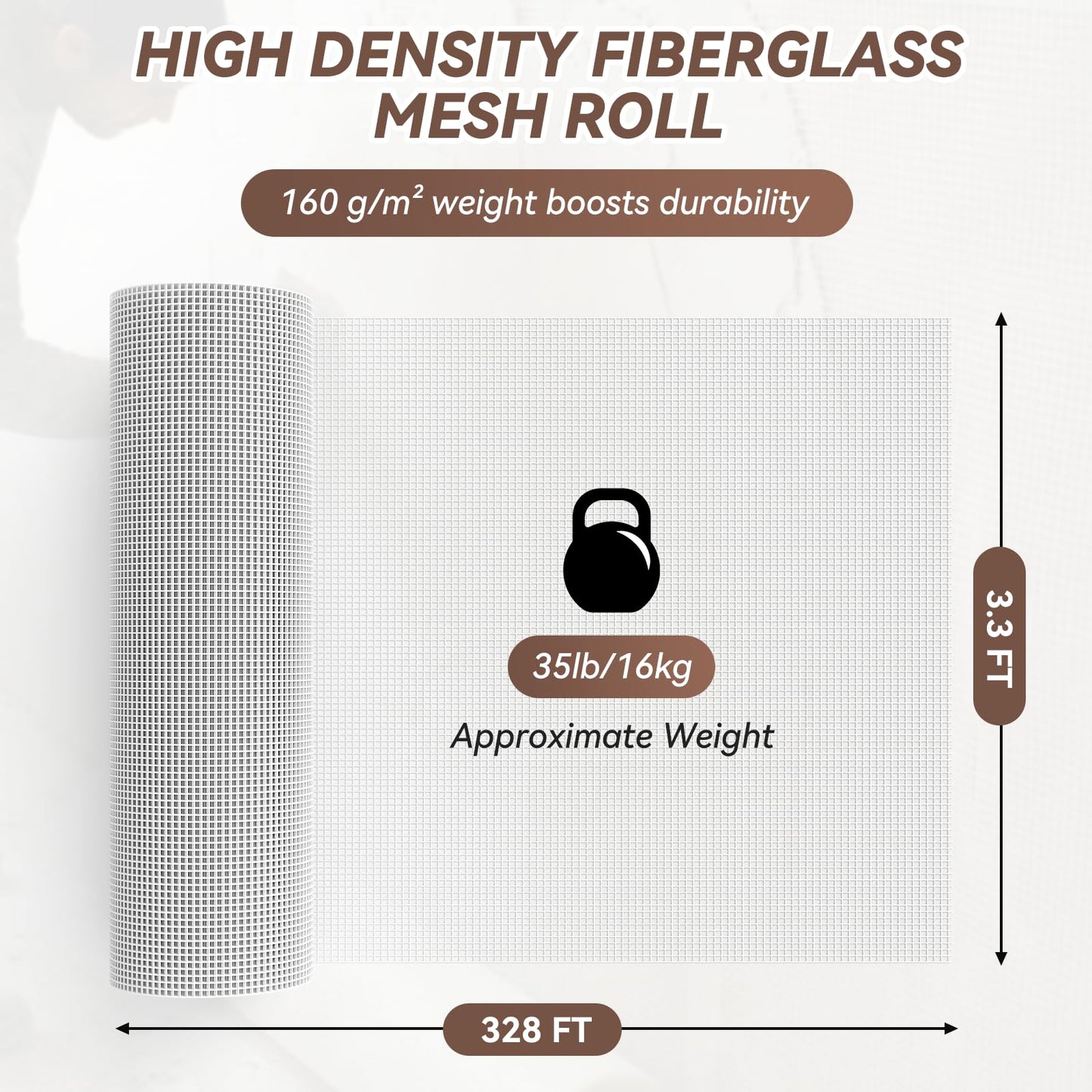 DRKSBESTO 3.3x328ft Fiberglass Mesh Roll, 160g/m² White Stucco Mesh for Concrete. Enhanced Strength & Stability for wall Crack Repair, Interior/Exterior Construction, and Ceilings Seam Reinforcement.