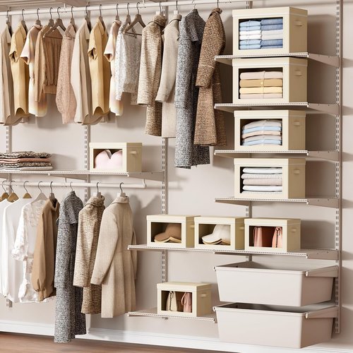 Homsorout Storage Bins - Collapsible Fabric Organizers with Lids | Small Beige Bins for Clothes & Towels (3 Pack)