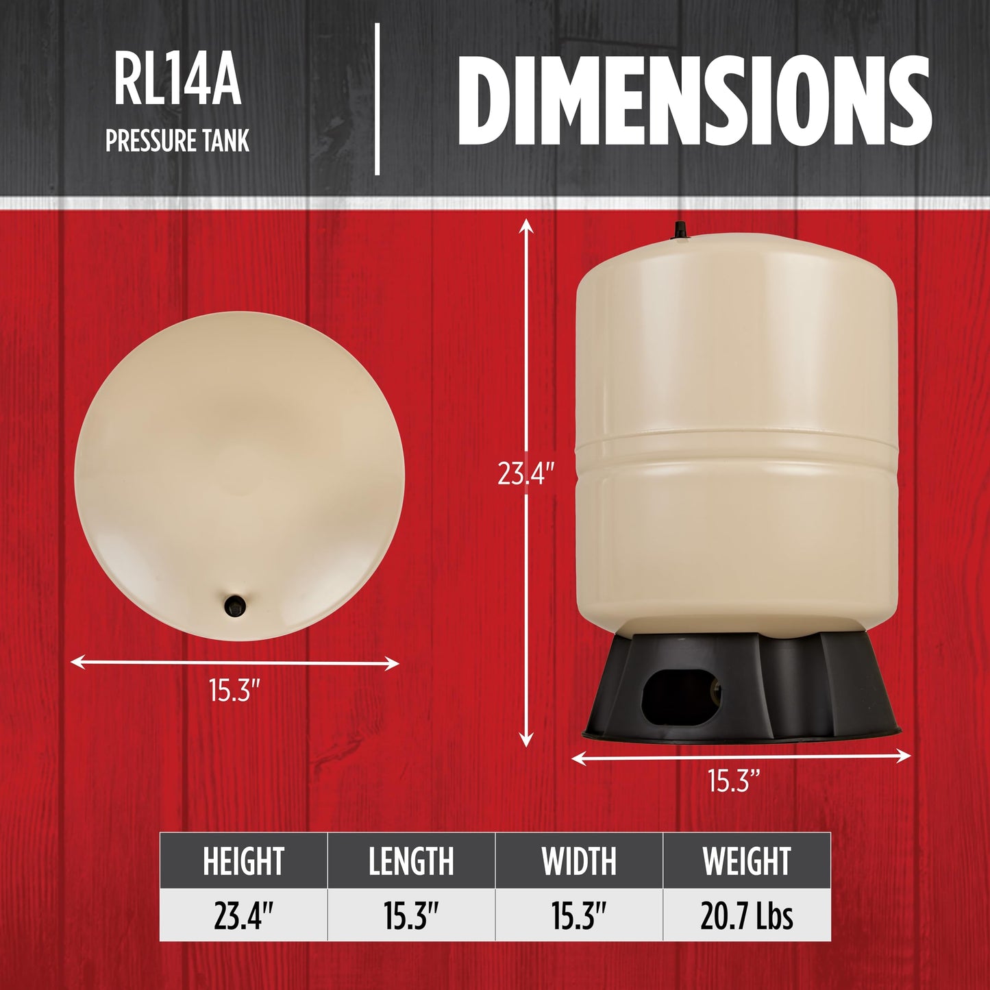Red Lion RL14A - 14-Gallon Vertical Pre-Charged Pressure Tank with Thermoplastic Base for Well Pumps, 1-Inch FNPT Elbow System Connection, Almond, 604687