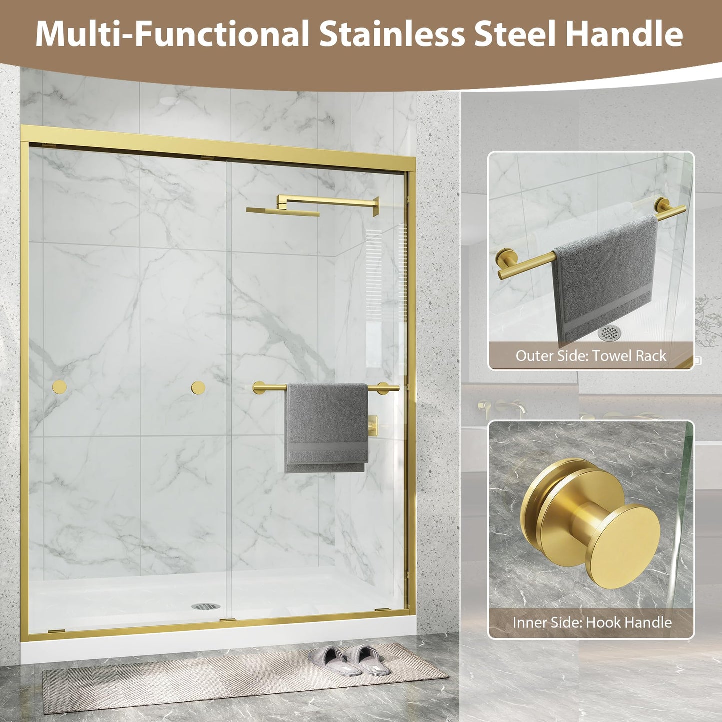 Double Sliding Shower Door 67-72" W x 72" H,Semi-Frameless Glass Shower Door with Nano Explosion-Proof Safety Film, 1/4"(6mm) Tempered Glass,Easy-Clean Bypass Walk-in Shower Door,Brushed Gold