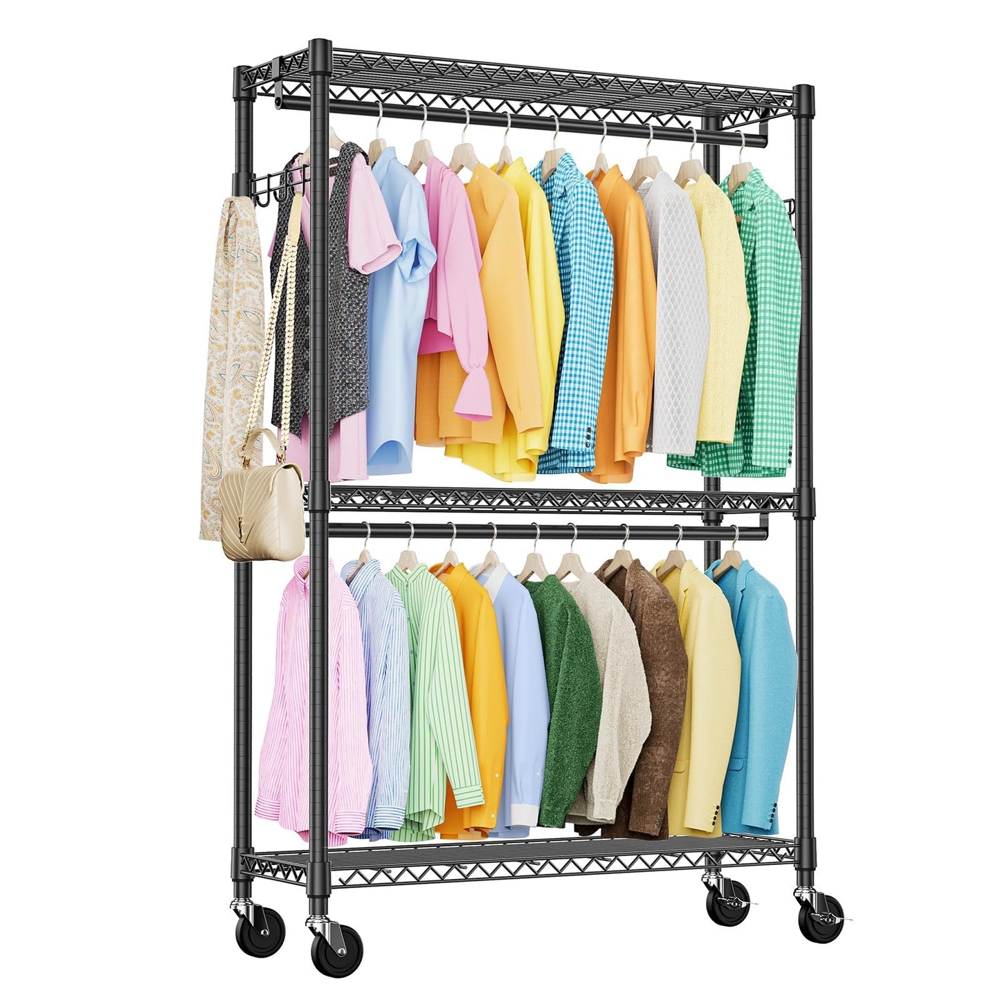IZEUK Heavy Duty Rolling Garment Rack Wire Clothes Rack for Hanging Clothes (Black, 3 Tier with 2 Rod, 15.7" D x 45.3" W x 79.6" H)