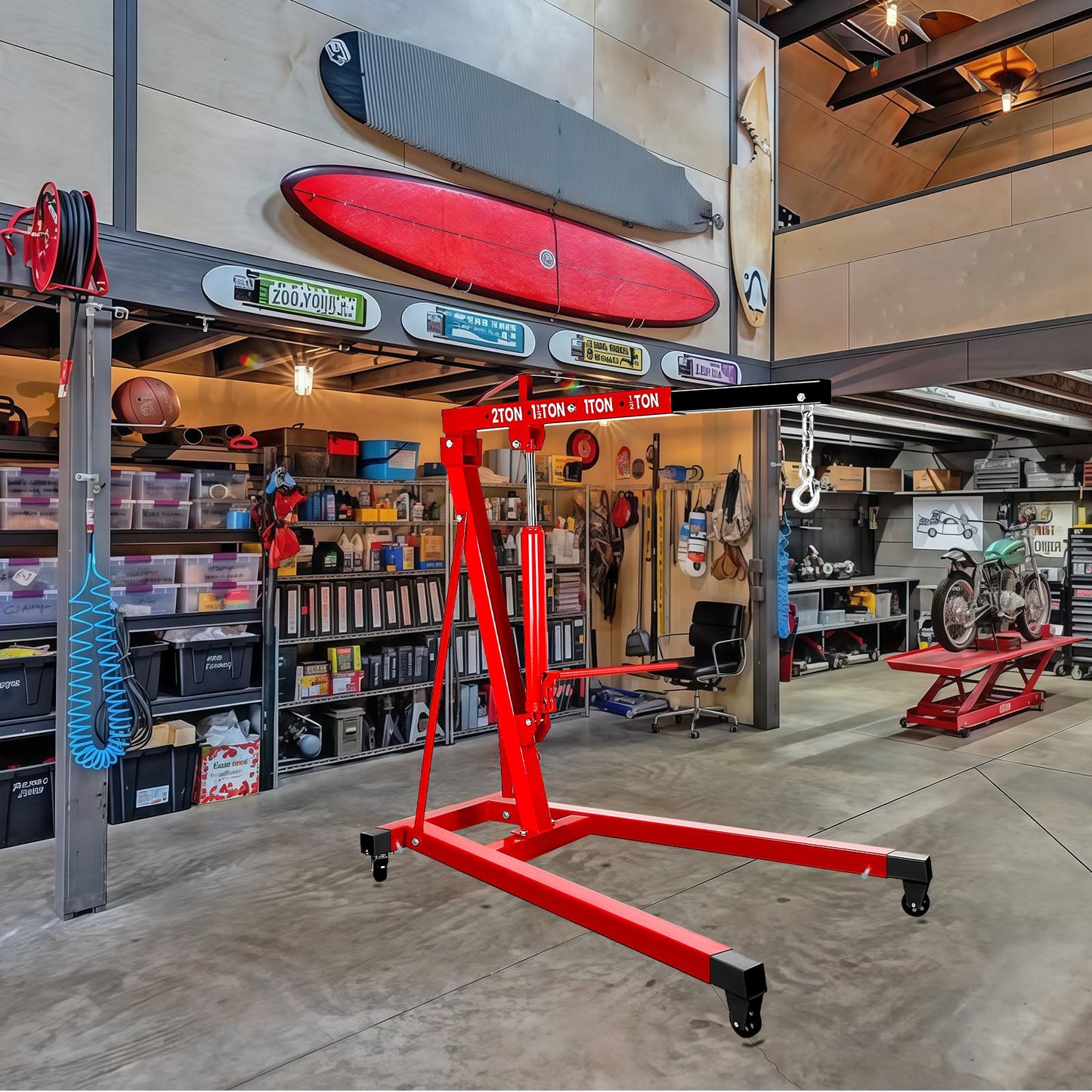 BLUEIAN 5000 LBS Engine Hoist, Heavy Duty Alloy Steel Hydraulic Cherry Picker Engine Hoist with 8 Ton Hydraulic Ram Jack 4 Steel Casters, Ease of Assembly Engine Lift for Workshop Warehouse Garage