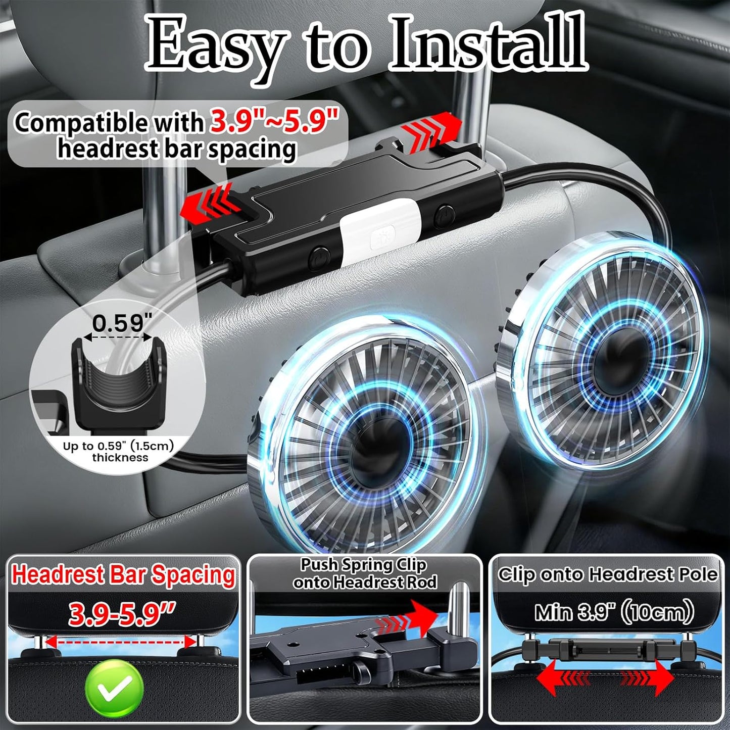Back Seat Car Fan for Kids - Battery-Free Dual Adjustable Air Circulation