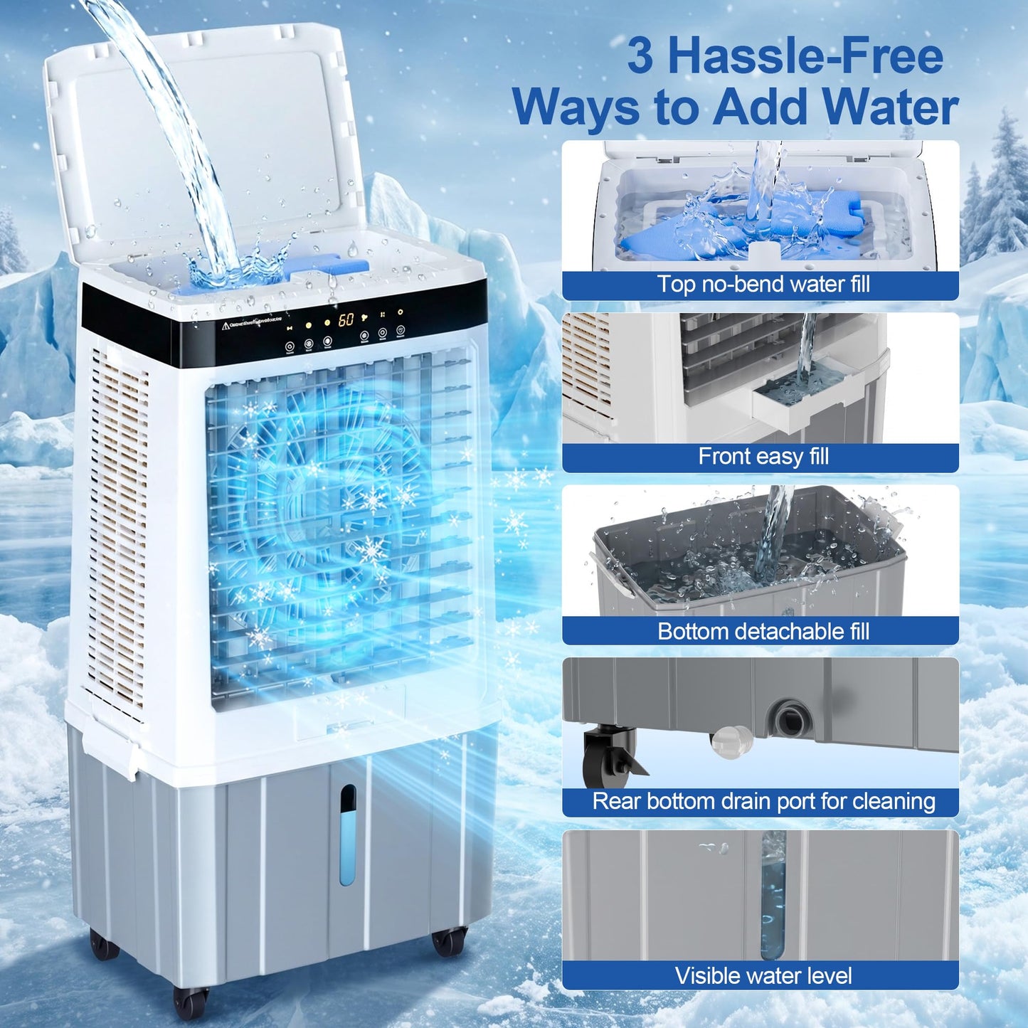 Uthfy 2800 CFM Portable Swamp Cooler, Evaporative Air Cooler for Room with 9.5 Gal Detachable Water Tank, 120 Oscillating Outdoor Cooling Fan, Remote, 12H Timer, 4 Ice Packs for Indoor, Garage, Patio