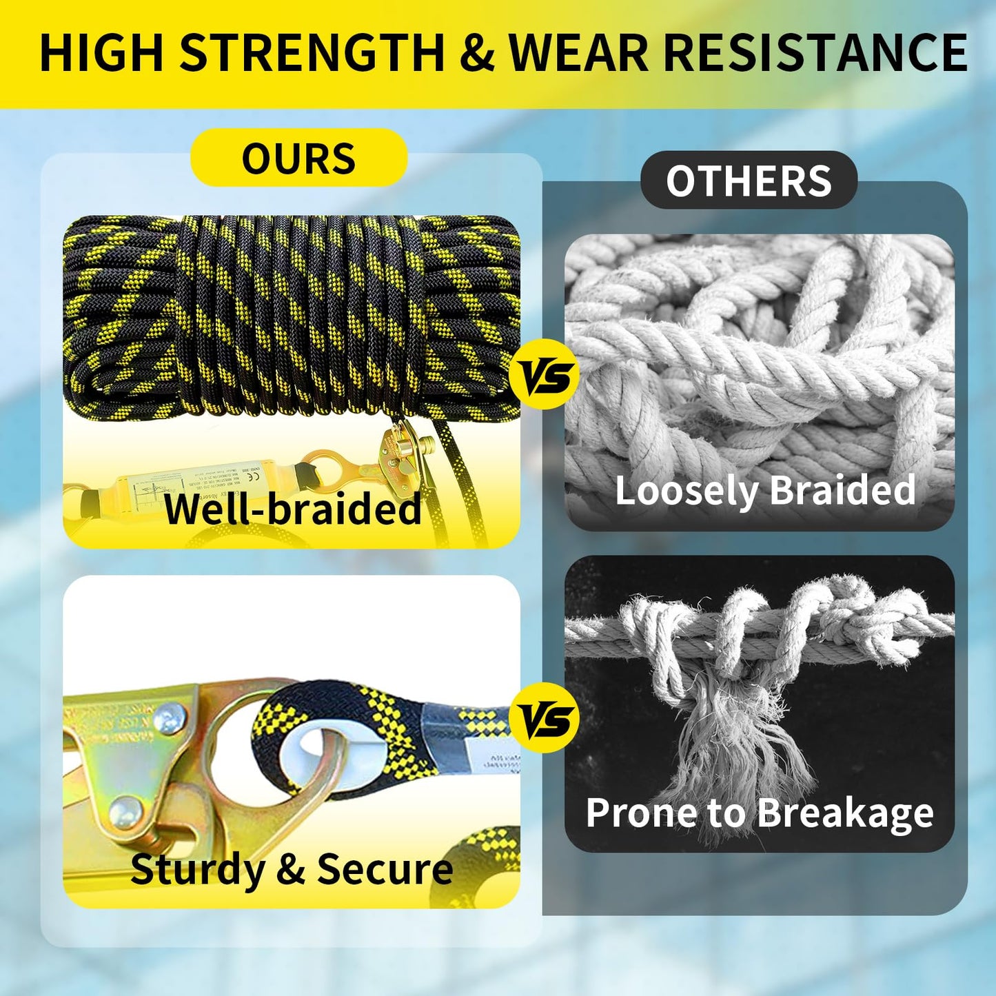 Meyoppm 100FT Vertical Lifeline Assembly, Heavy Duty Fall Protection Safety Rope with Rope Grab, Steel Snap Hooks & Shock Absorber, Tree Climbing High-Altitude Safety Line Kit, ANSI CE