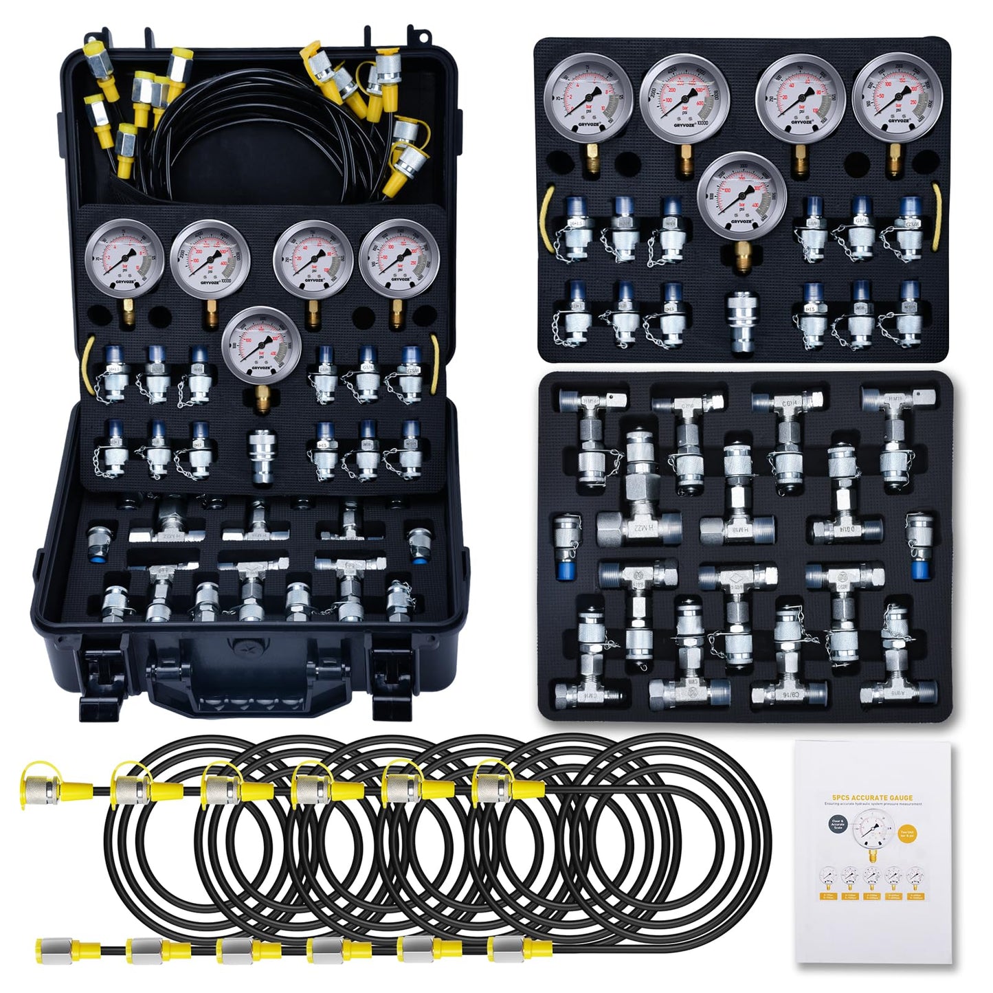 Hydraulic Pressure Test Kit - 5 Gauges (150-10000 PSI), 13 Couplings, 14 Tee Connectors with Markings, 6 Hoses + Extension Adapter (Reach 10.8 ft), for Excavators, Loaders, Hydraulic Machinery