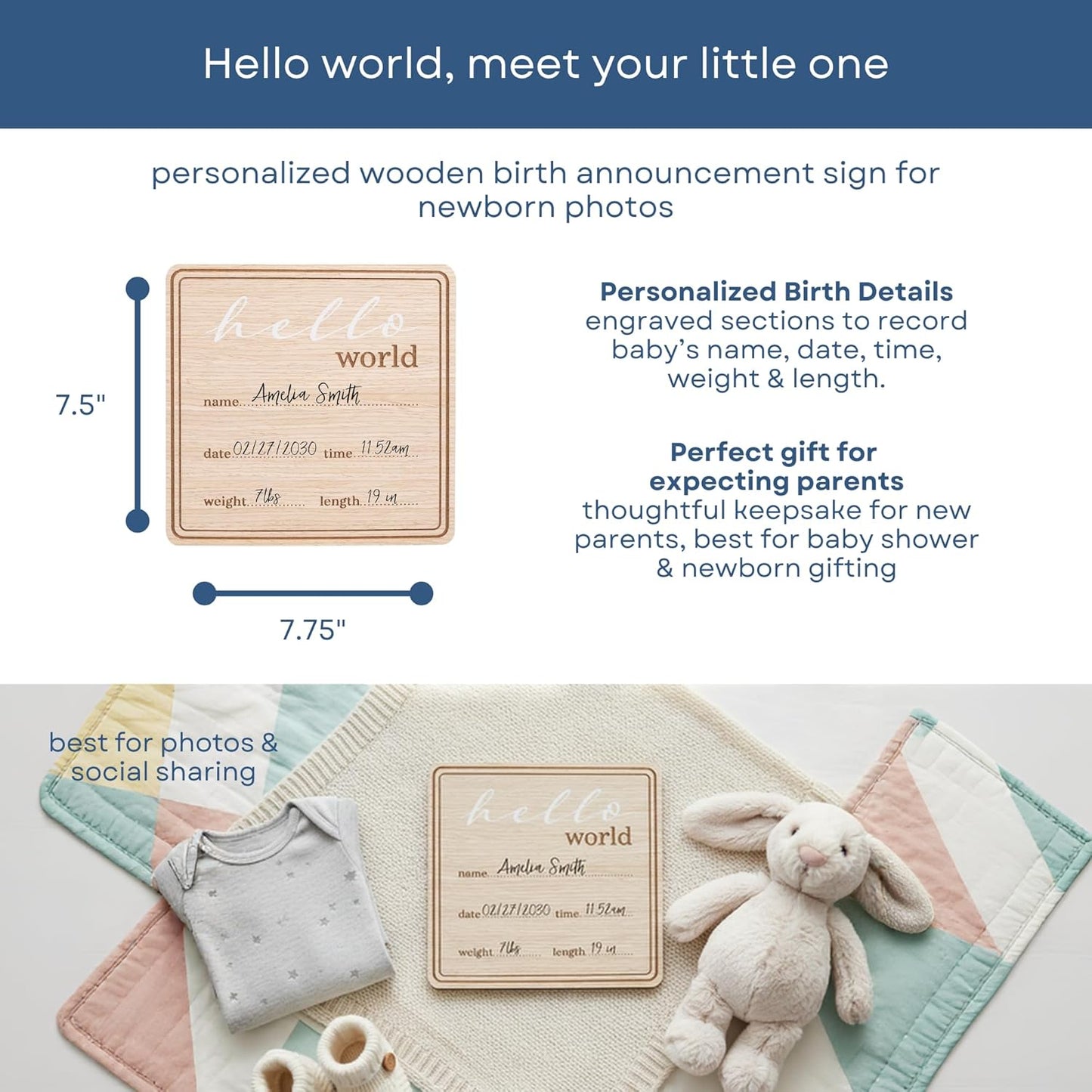 Kate & Milo Wooden Hello World Birth Announcement Photo Prop, Newborn Milestone Sign with Birth Details for Hospital