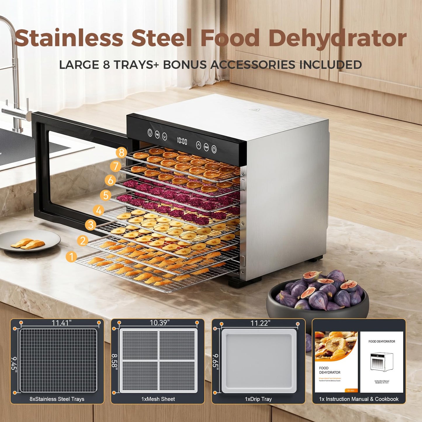 Food Dehydrator machine, 8-Tray Stainless Steel Food Dryer with Timer & Temp Controls, Even-Drying and Auto Shut-off, Quiet Dehydrator Machine for Jerky, Fruit, Herbs, Dog Treats, 650W Powerful