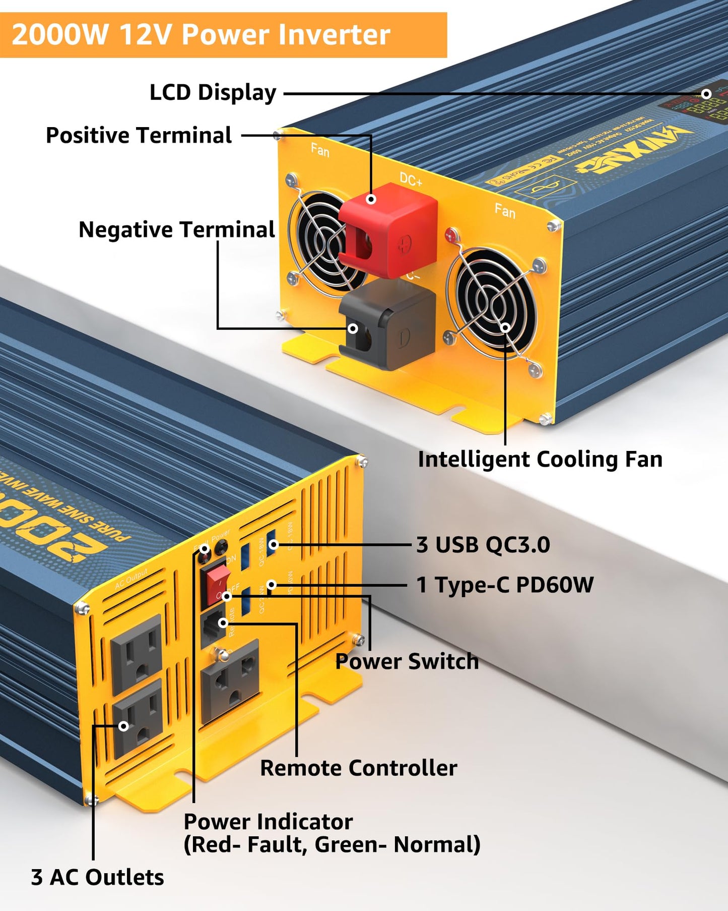 MWXNE 2000W Pure Sine Wave Power Inverter DC 12V to 110V 120V AC with 4 Quick Charging USB Ports& 3 AC Outlets Power Inverters for Vehicles RV Truck Home with LCD Display and Remote Controller