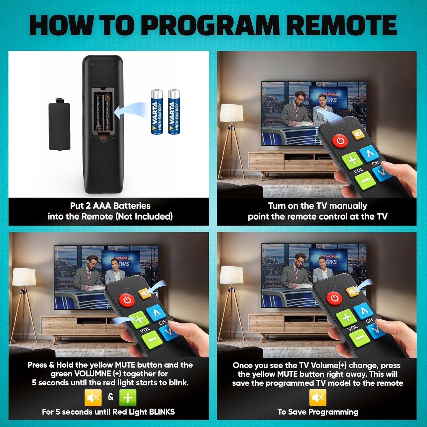 EZClicker (2xAAA TV Remote for Seniors, Extra Simple Big Button Remote (Black) Works with Major TV Brands, NOT